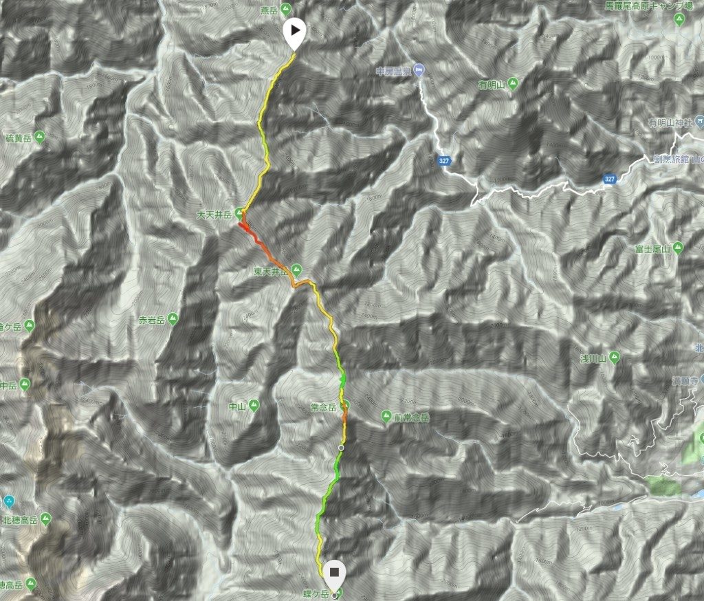 燕山荘から蝶ヶ岳ヒュッテコース図